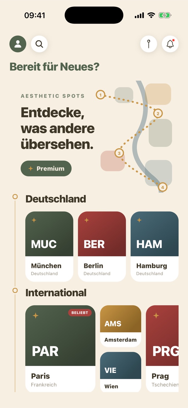 Startseite der App mit den Städten